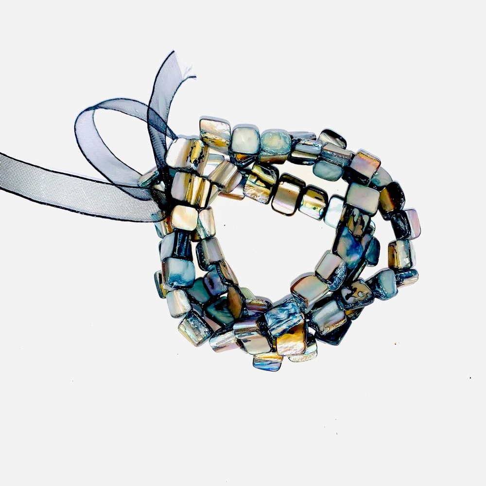 Shell Beaded Stretch Bracelet Triple Strand Ribbon Tied